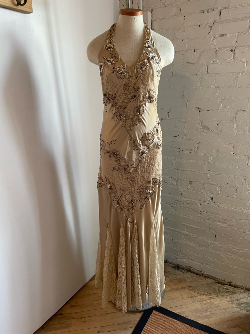1920s Style Silk Beaded Halter Gown